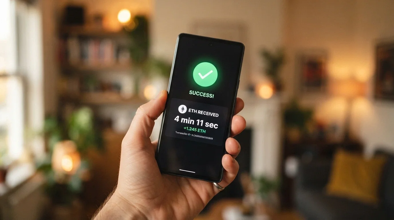 A phone screen showing a cryptocurrency withdrawal confirmation with a timestamp of under five minutes