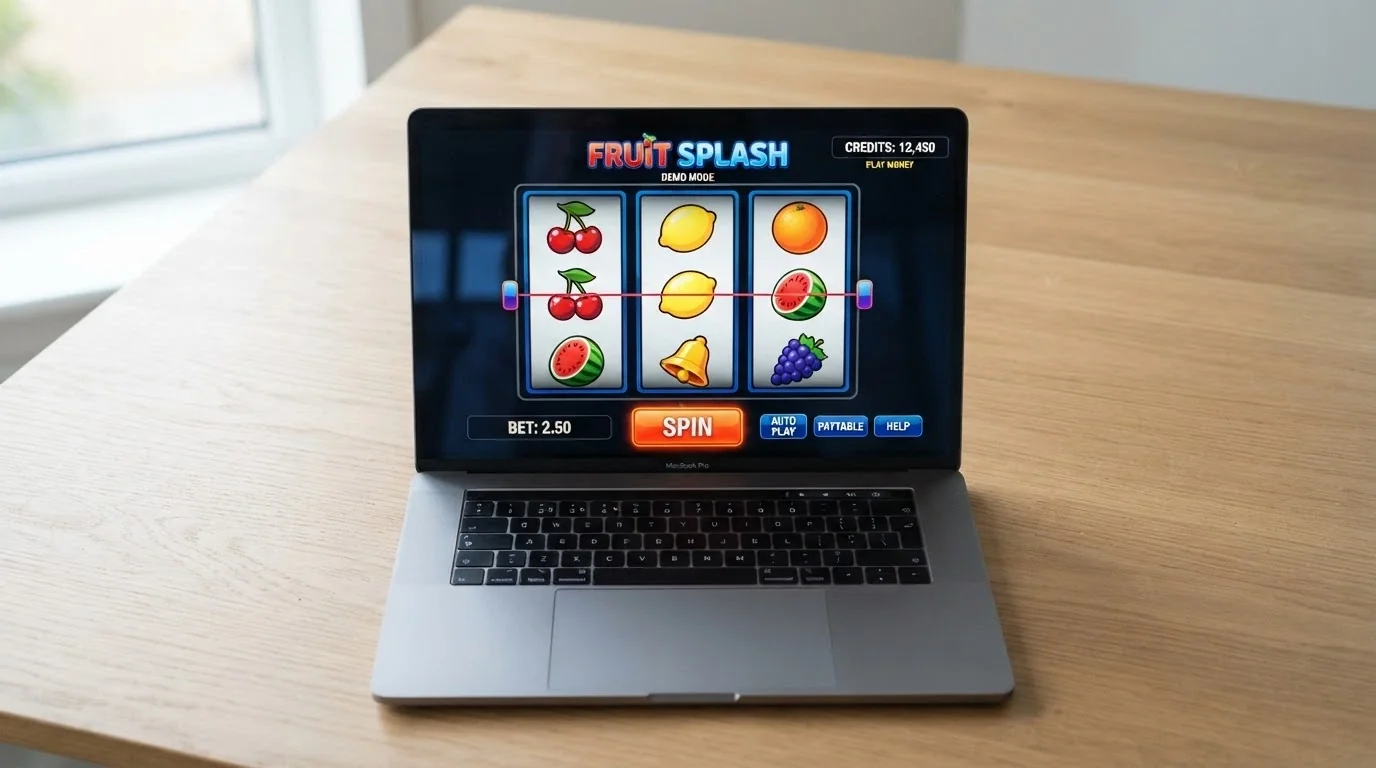 A screenshot of a 3-reel pokie in demo mode with a play-money balance and the spin button highlighted