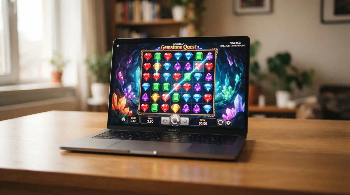 A 7-reel pokie loaded in demo mode with the play-money balance visible in the corner — the full game interface, identical to real-money mode