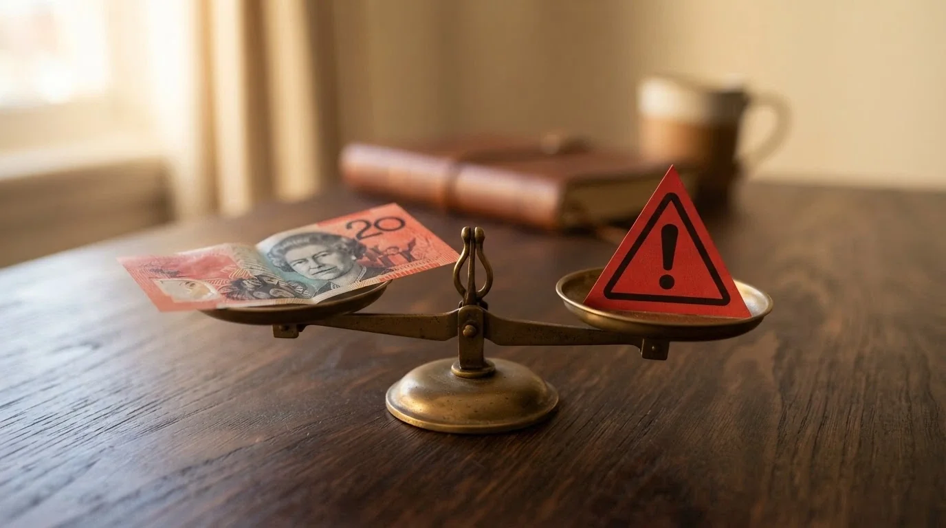 A set of balancing scales with a $20 note on one side and a question mark beside a warning triangle on the other