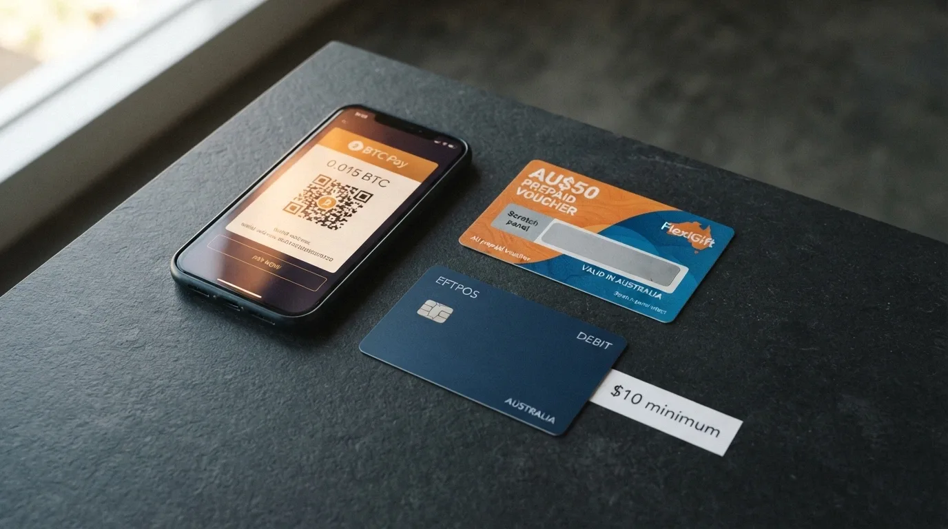A split frame showing a cryptocurrency wallet QR code on the left and a Neosurf voucher with its scratch panel intact on the right, both above a crossed-out credit card