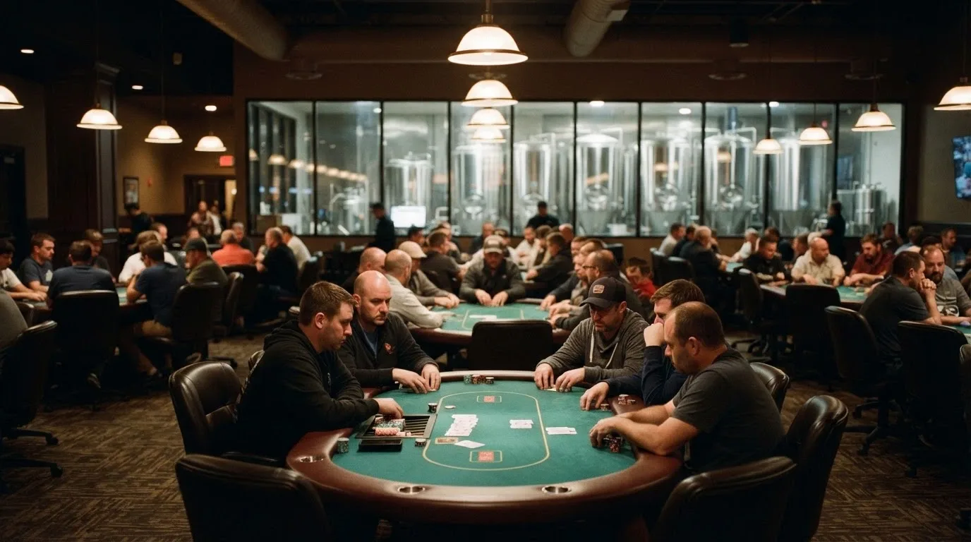 The District Poker room at SkyCity Adelaide with poker tables and Pirate Life brewery tanks visible in the background
