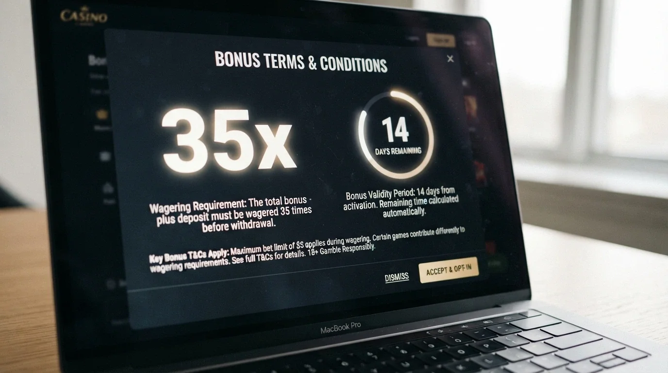 A close-up of a bonus terms panel showing a wagering requirement multiplier and a validity-period countdown