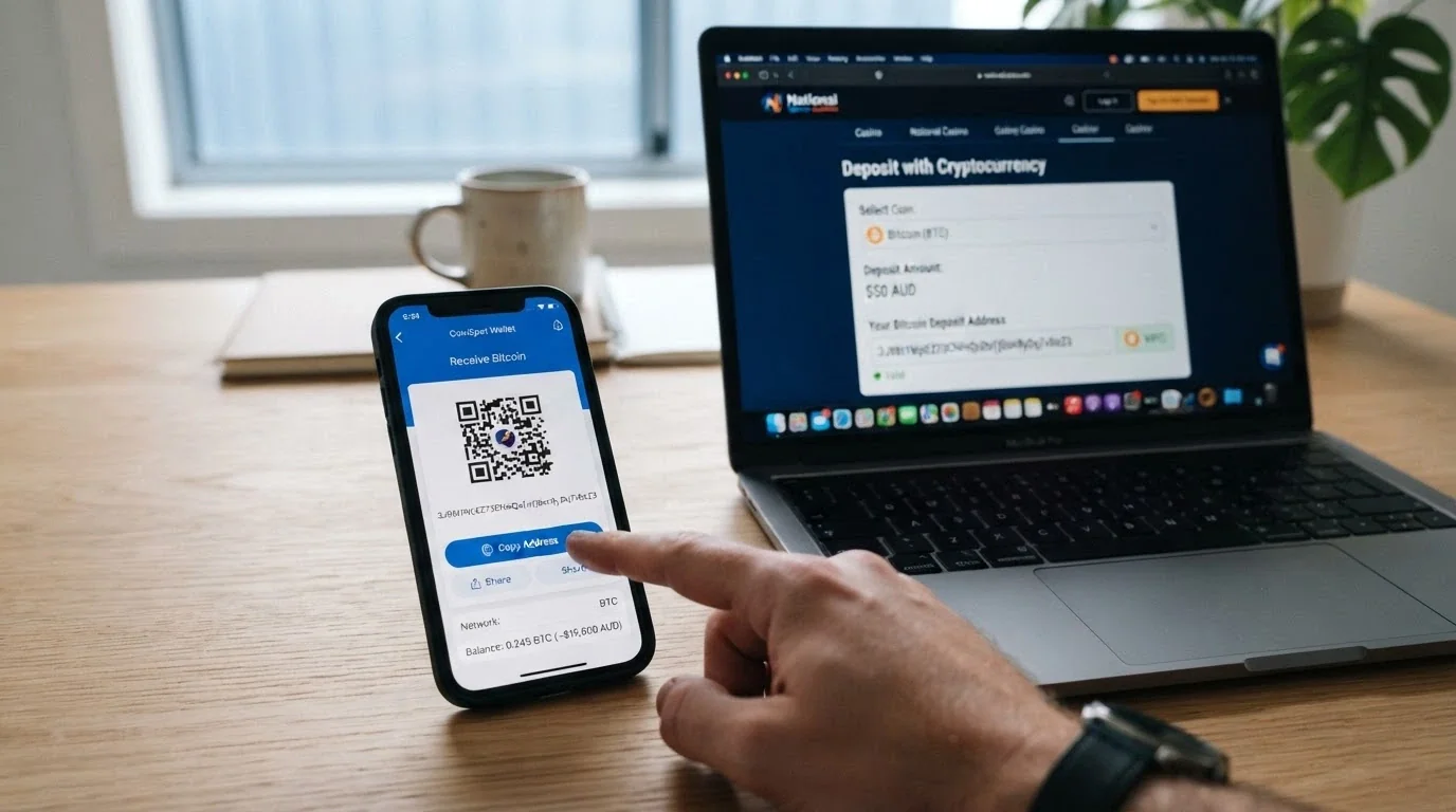 A smartphone showing a MetaMask wallet open beside a casino cashier page with a deposit address and QR code