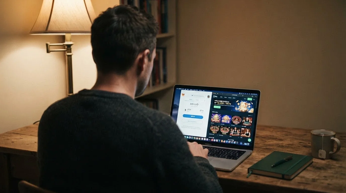 A person at a desk looking at a laptop with a crypto wallet and a casino site open, a notebook beside them