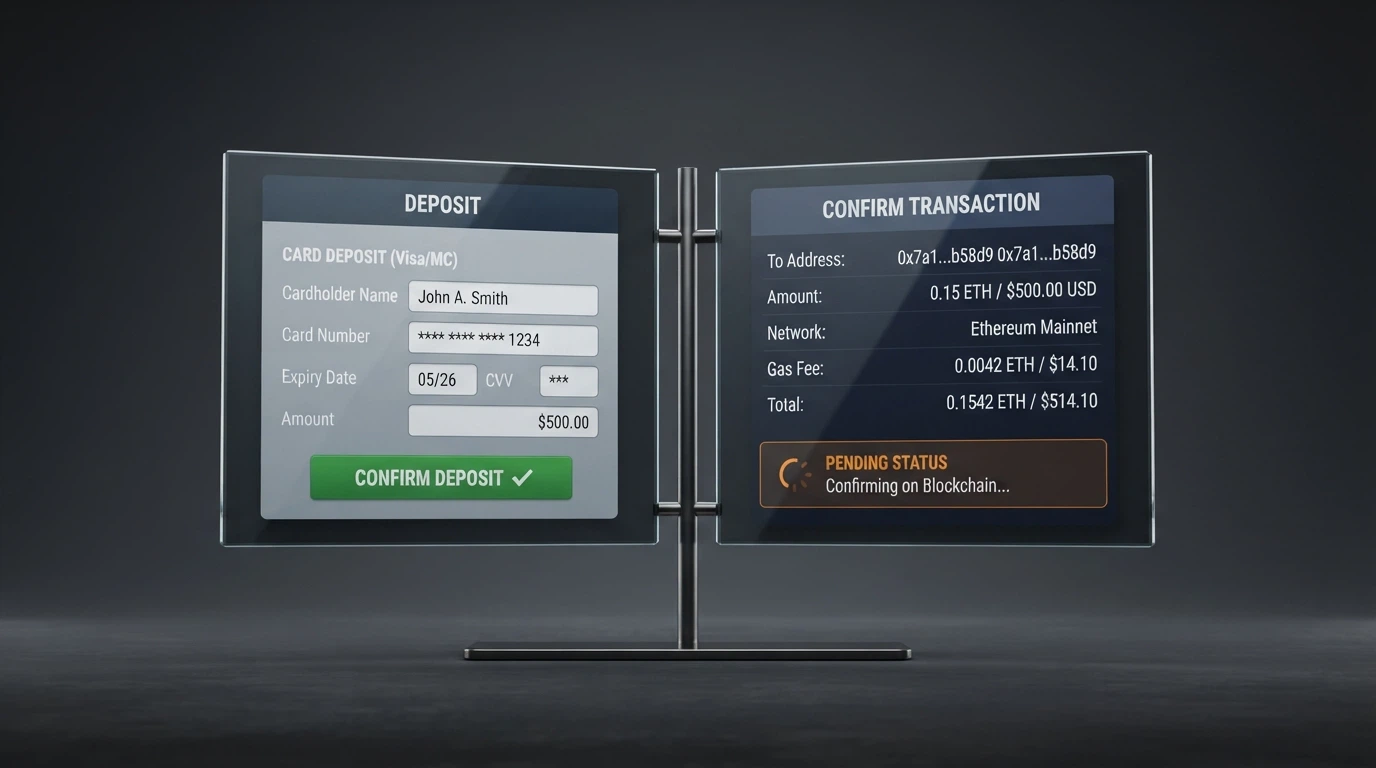 A side-by-side comparison of a traditional casino deposit screen and an Ethereum wallet transaction confirmation