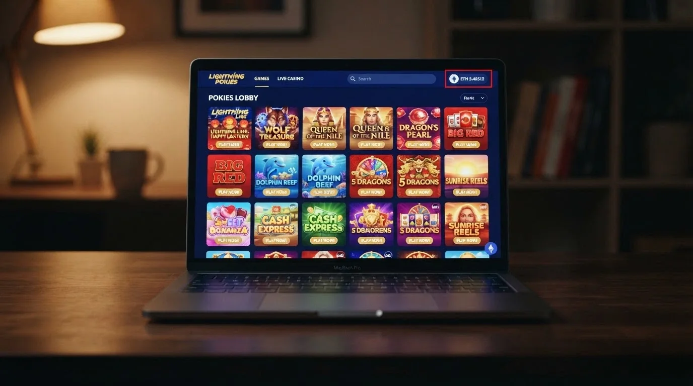 A grid of online pokies tiles inside a crypto casino lobby, with an ETH balance displayed in the top bar