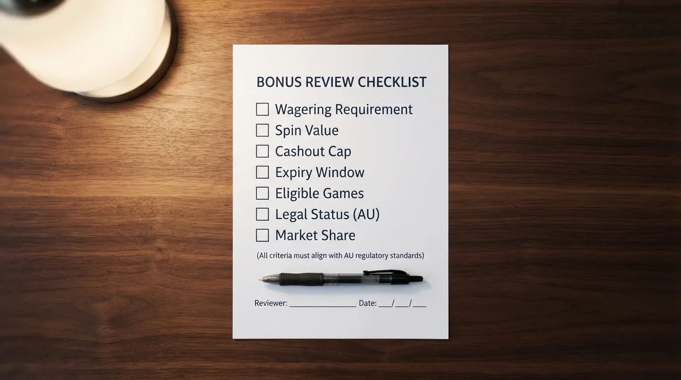 A checklist of the evaluation criteria: wagering requirement, spin value, cashout cap, expiry window, eligible games, legal status, market share