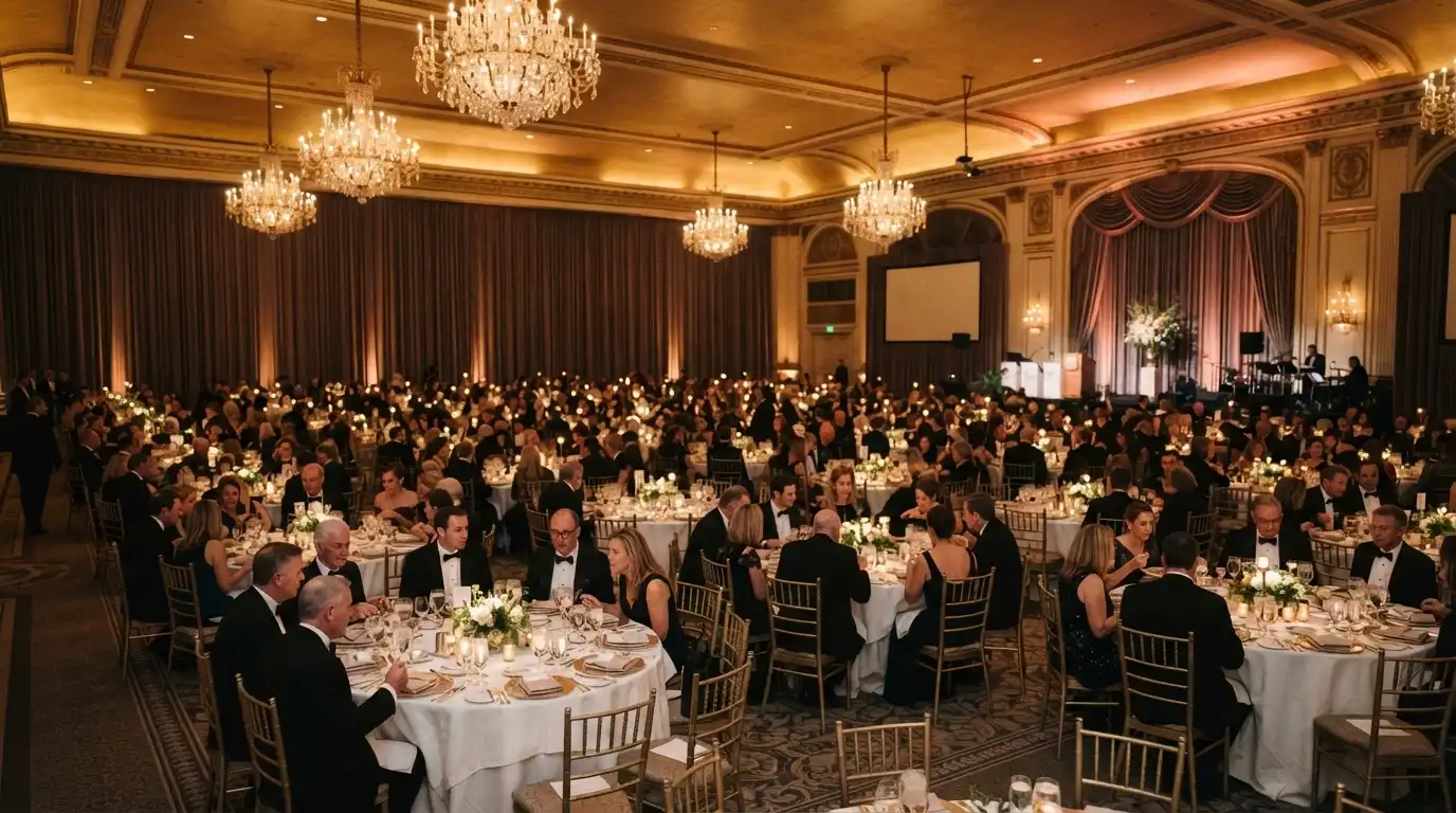 The 3,500-square-metre Event Centre ballroom at Queen's Wharf Brisbane set for a gala dinner with 1,440-seat capacity