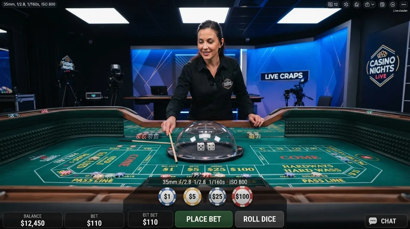 A live dealer craps table streamed from an Evolution Gaming studio, with a professional dealer in frame and the digital betting interface visible