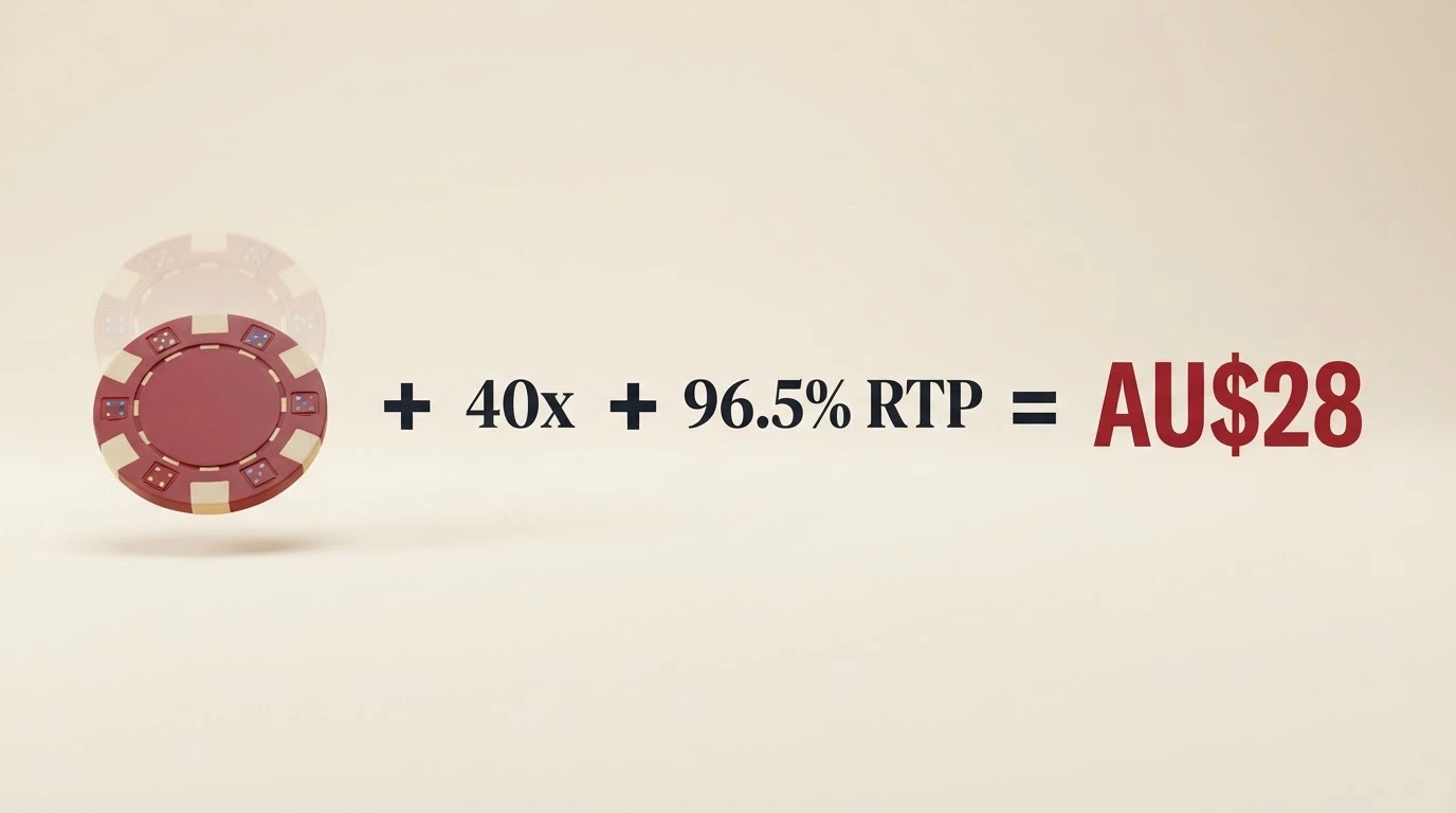 A simple visual equation: AU$20 chip + 40x wagering + 96.5% RTP = AU$28 expected loss, with the AU$20 chip fading and the AU$28 figure solid