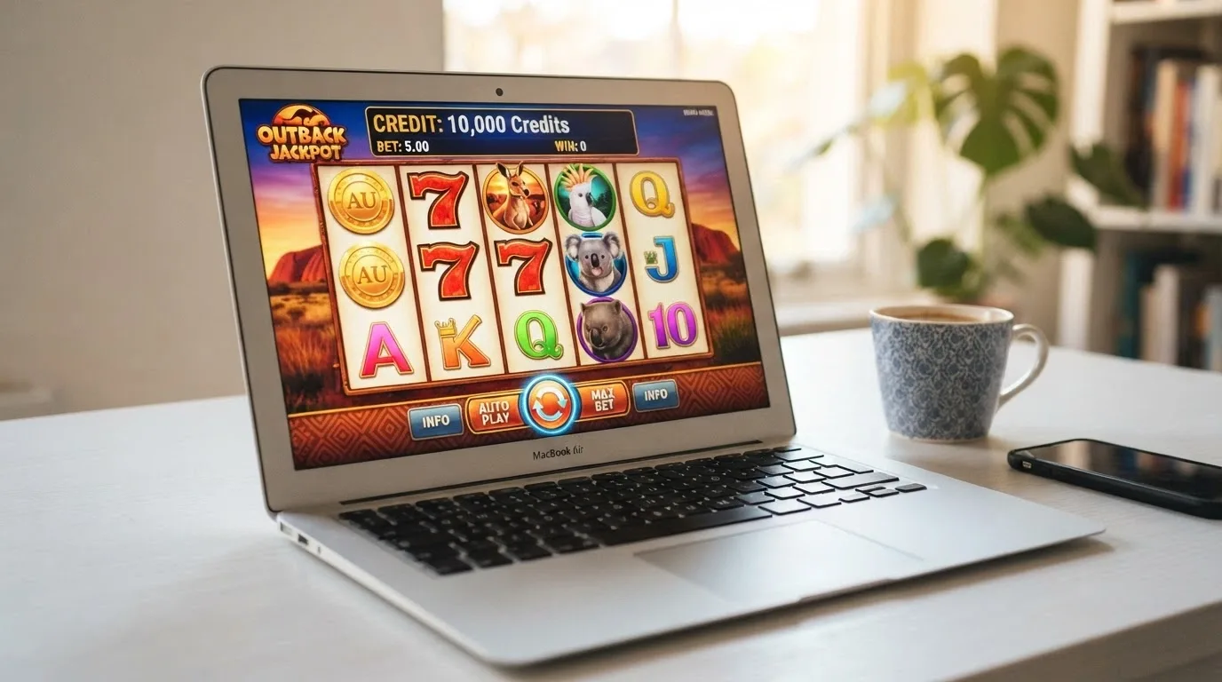 laptop screen showing a free Aristocrat pokie in demo mode with a play-money balance of 10,000 credits and the spin button highlighted