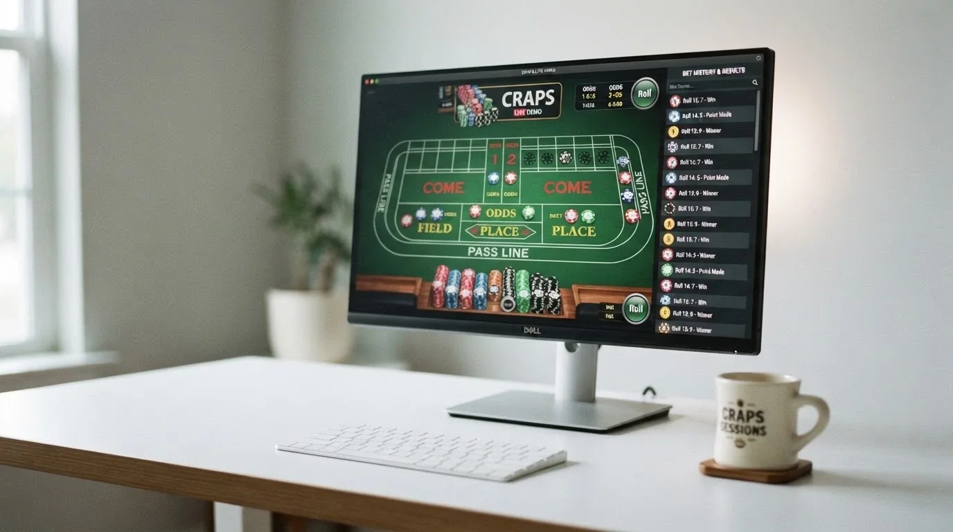 A demo-mode craps table on a desktop screen, with play-money chips stacked on the Pass Line and a bet-history panel open