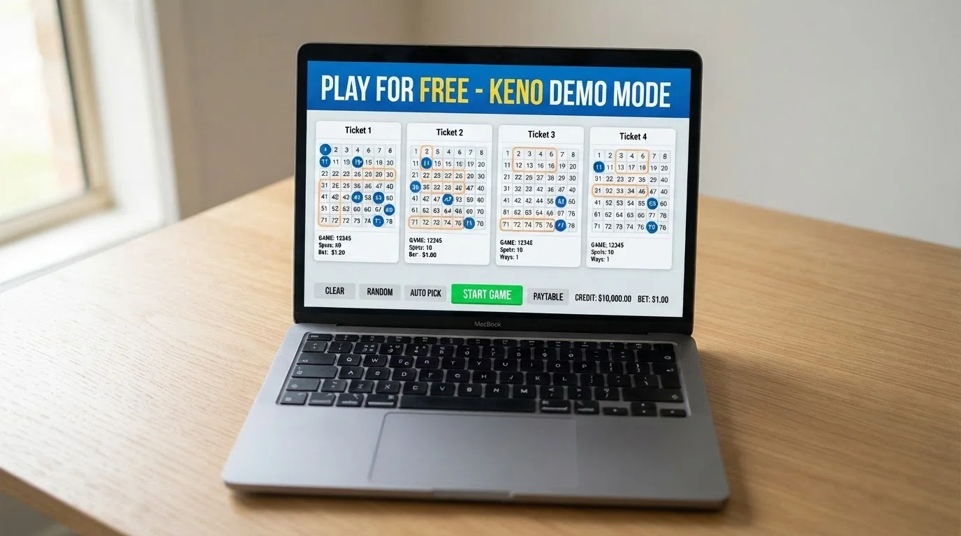 A demo-mode keno screen with a “PLAY FOR FREE” indicator visible, showing a multi-card layout with way-wager groupings highlighted