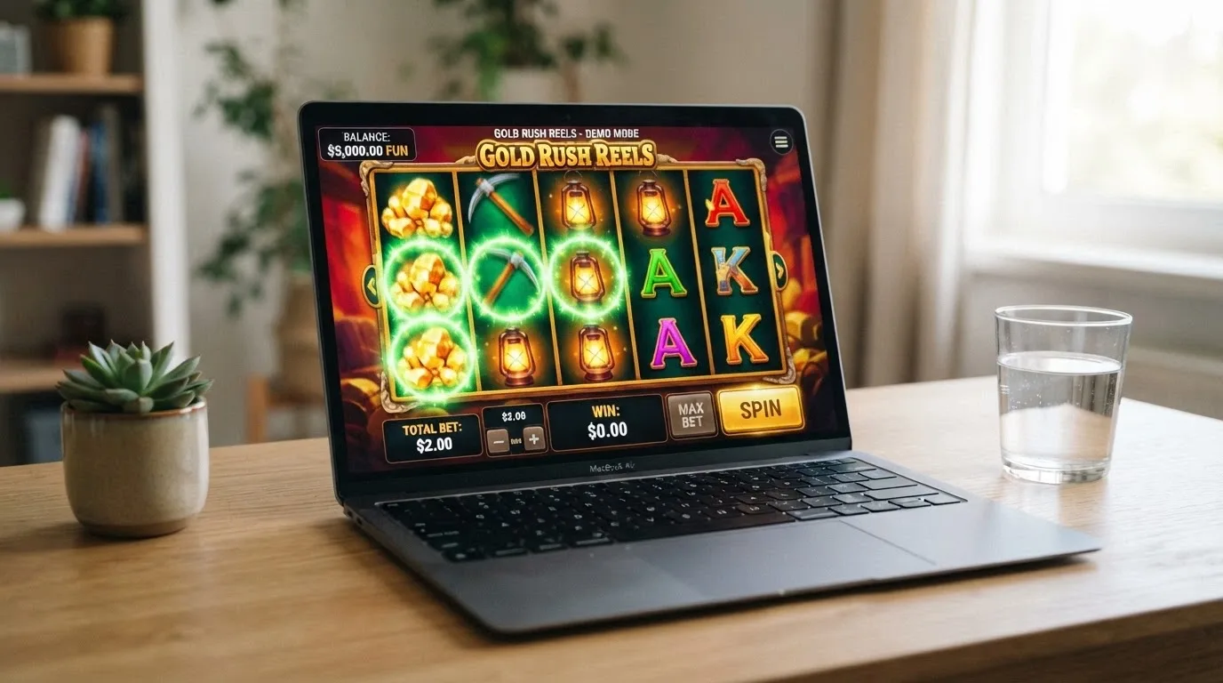 Demo-mode pokies game interface with a play-money balance visible and no deposit button on screen