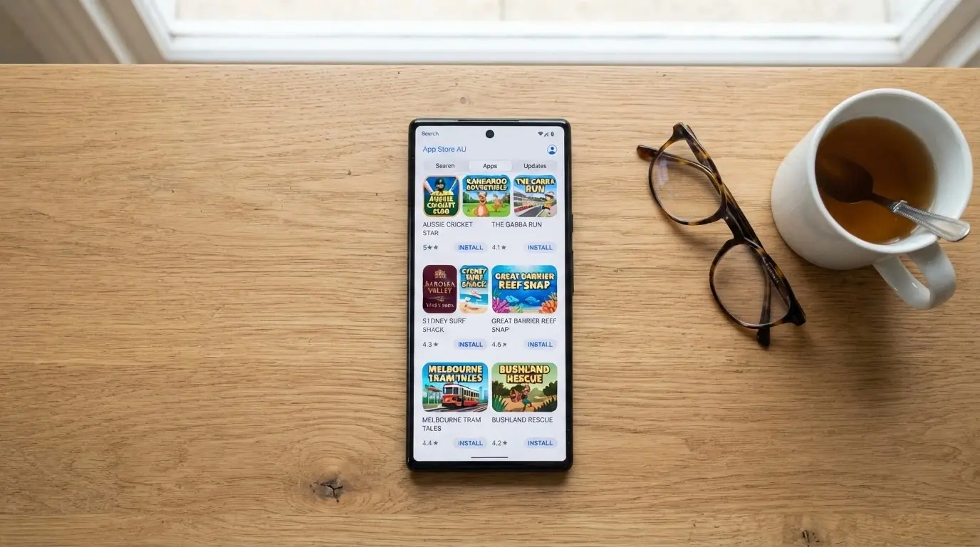 A Google Play Store search results screen for “free pokies” showing several app listings with star ratings and install counts