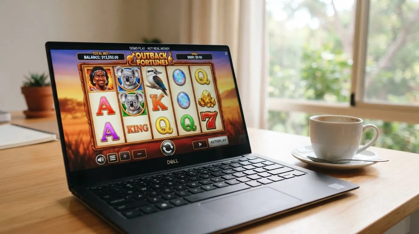A 5-reel pokie playing in demo mode with a play-money balance visible on screen