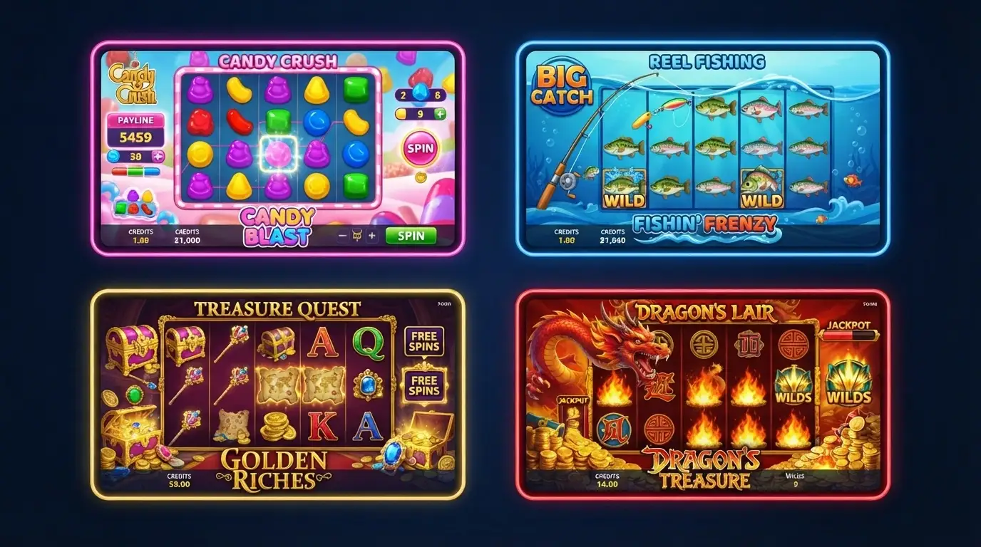 A grid of four colourful online pokie title cards, with Sweet Bonanza and Big Bass Bonanza in the foreground, Pragmatic Play logo visible