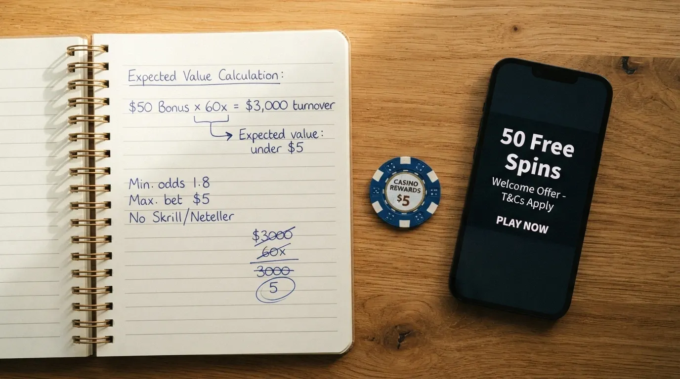 A notepad beside a smartphone showing a casino offer, with a hand-written sum working out expected value under A$5