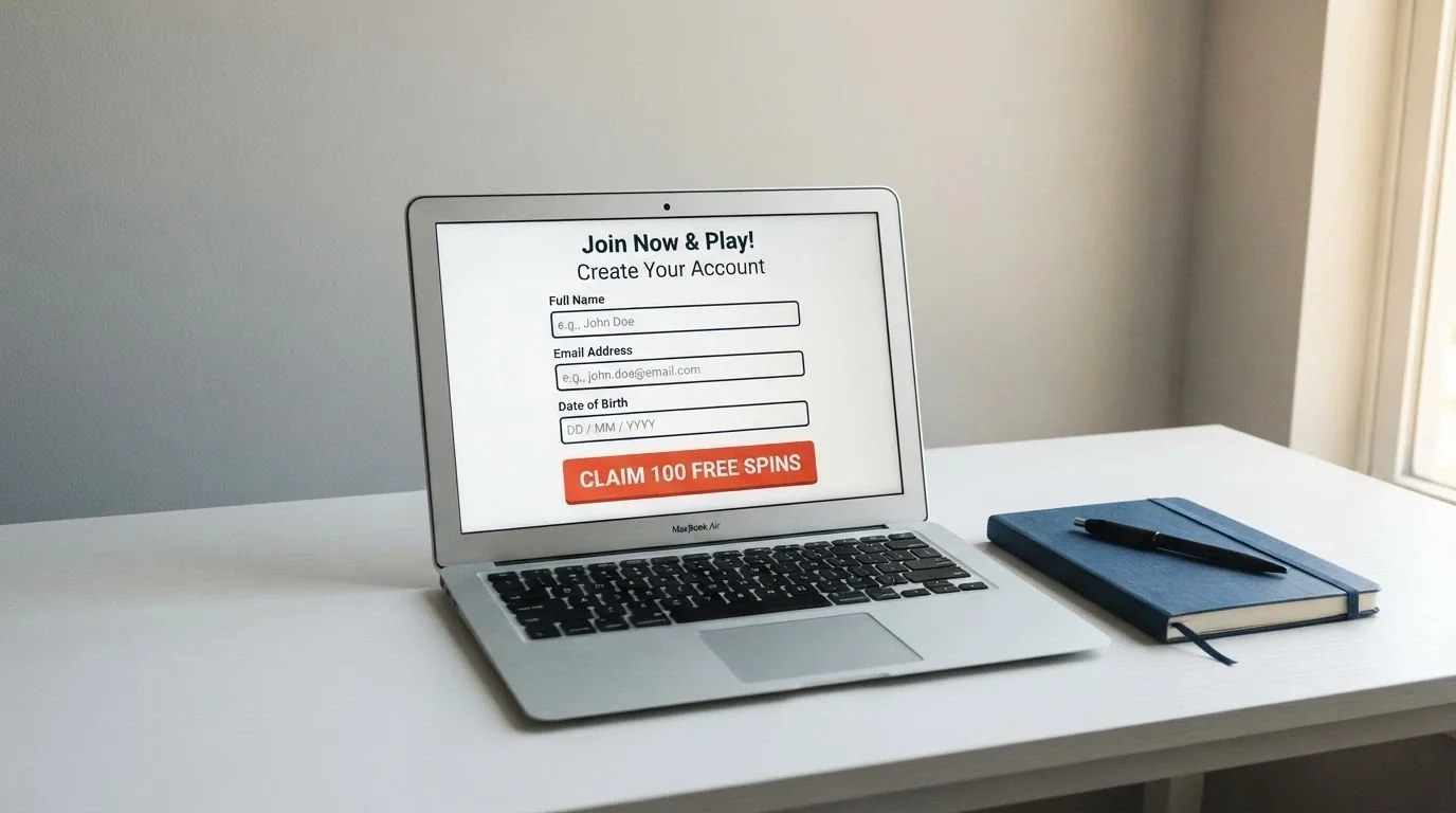 A laptop screen displaying a casino registration form with fields for name, email and date of birth, with a “Claim 100 Free Spins” button highlighted