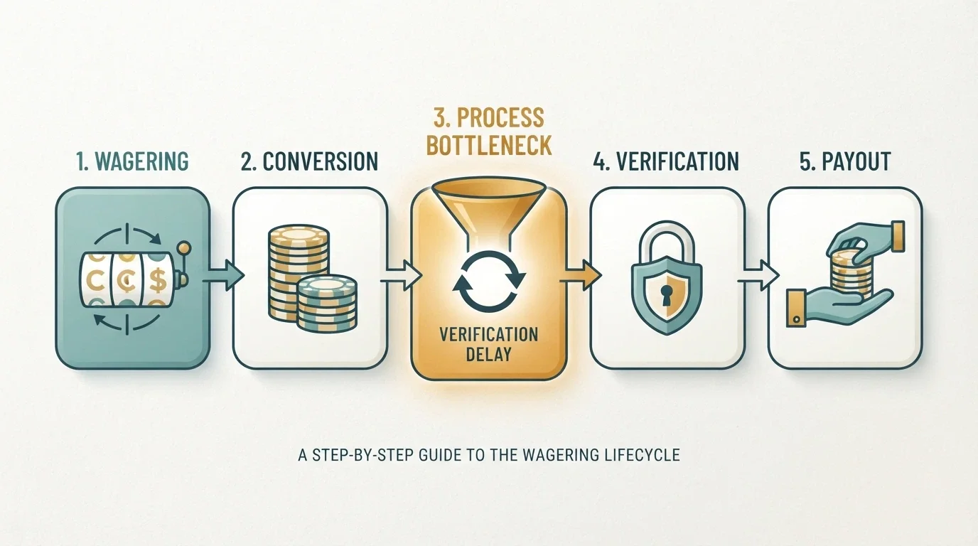 A visual step-sequence: free spins → winnings → wagering obligation → cashout cap → withdrawal, with one step marked as the bottleneck