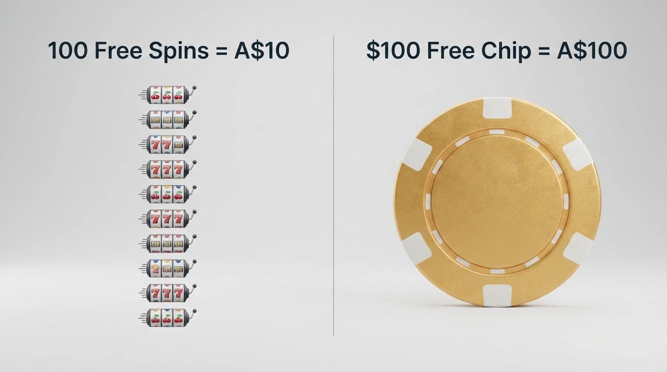 A side-by-side visual comparing 100 free spins at A$0.10 each (A$10 notional bankroll) against a $100 free chip (A$100 credit)