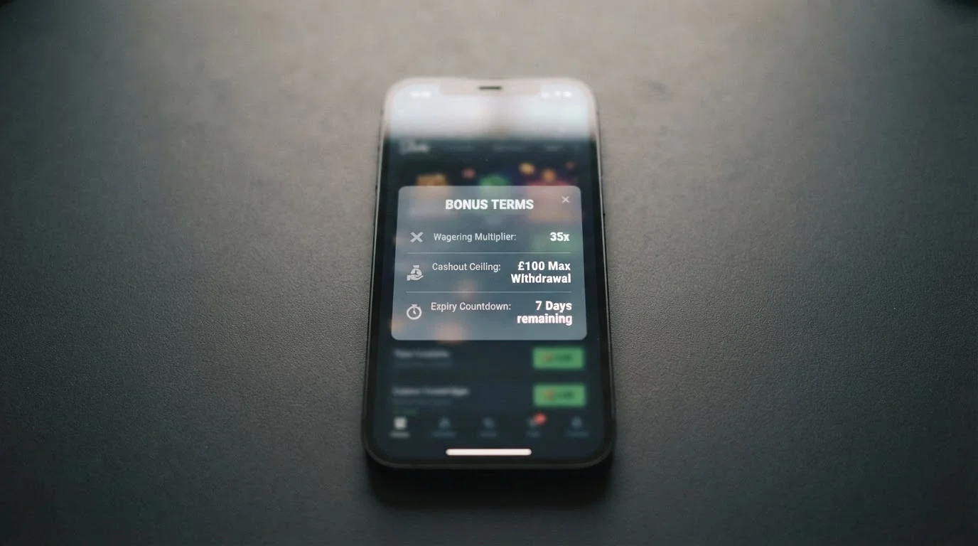 A close-up of a pokies bonus terms pop-up on a phone screen listing wagering requirements, max cashout and expiry date