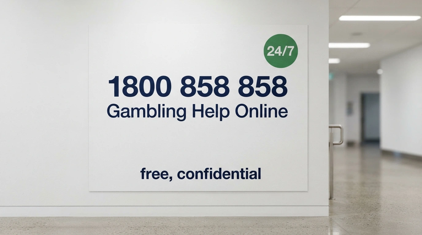 A clean, text-forward composition showing the National Gambling Helpline number 1800 858 858 and the Gambling Help Online URL in large type, with a 24/7 badge and the words “free, confidential” beneath