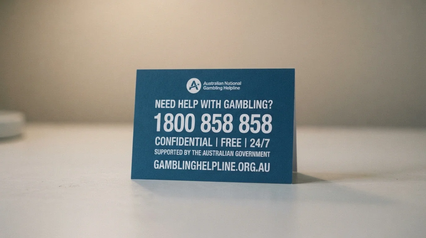 A responsible-gambling resource card showing the 1800 858 858 helpline number and the Gambling Help Online web address against a calm blue background