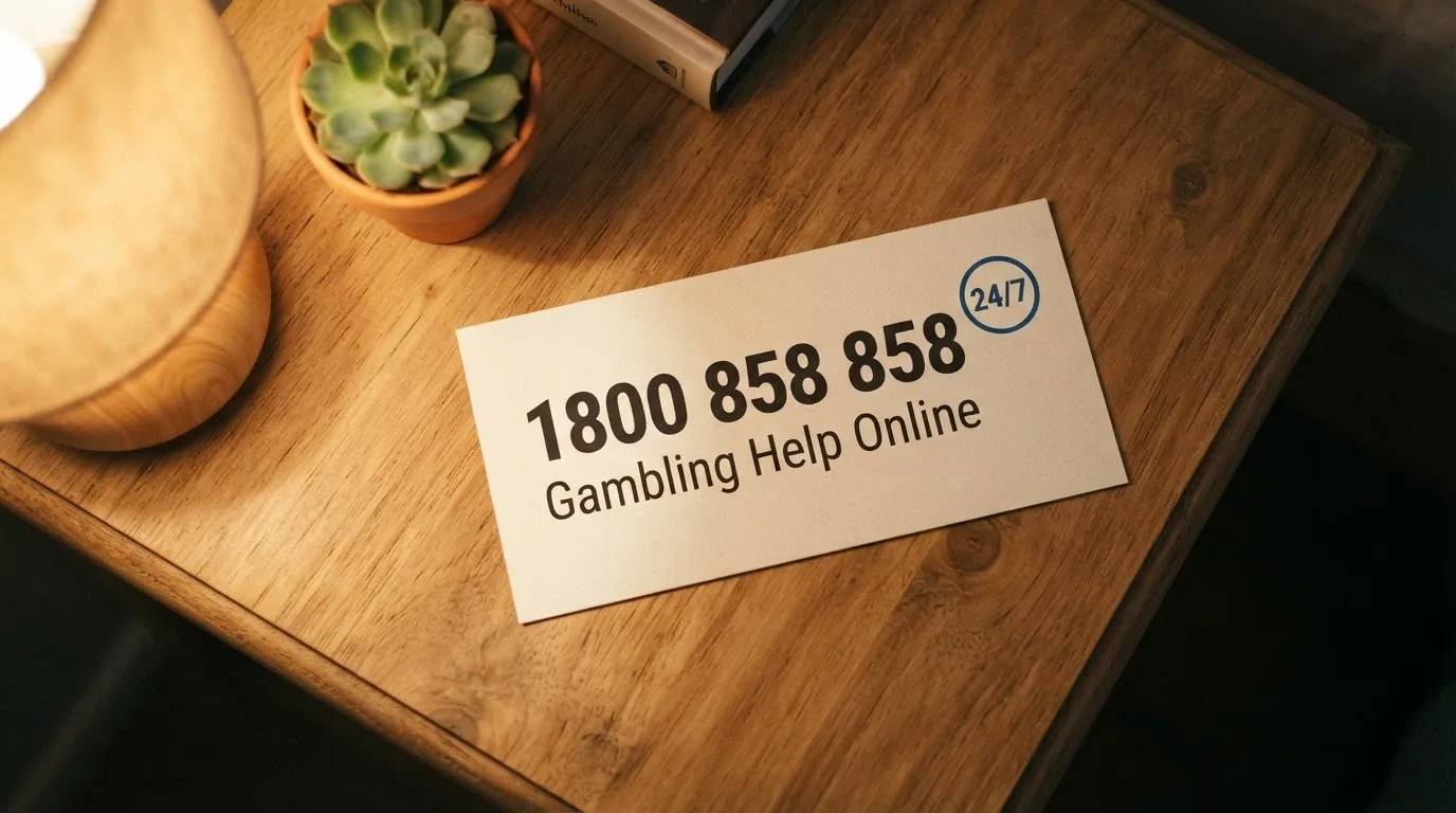 The National Gambling Helpline number (1800 858 858) displayed prominently with the Gambling Help Online web address and a 24/7 badge
