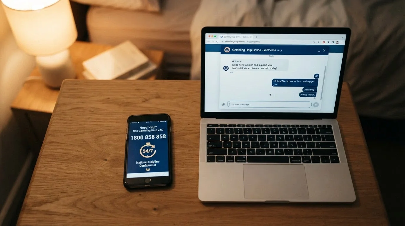 A phone screen displaying 1800 858 858 with a 24/7 badge beneath it, next to a web browser showing the Gambling Help Online chat interface