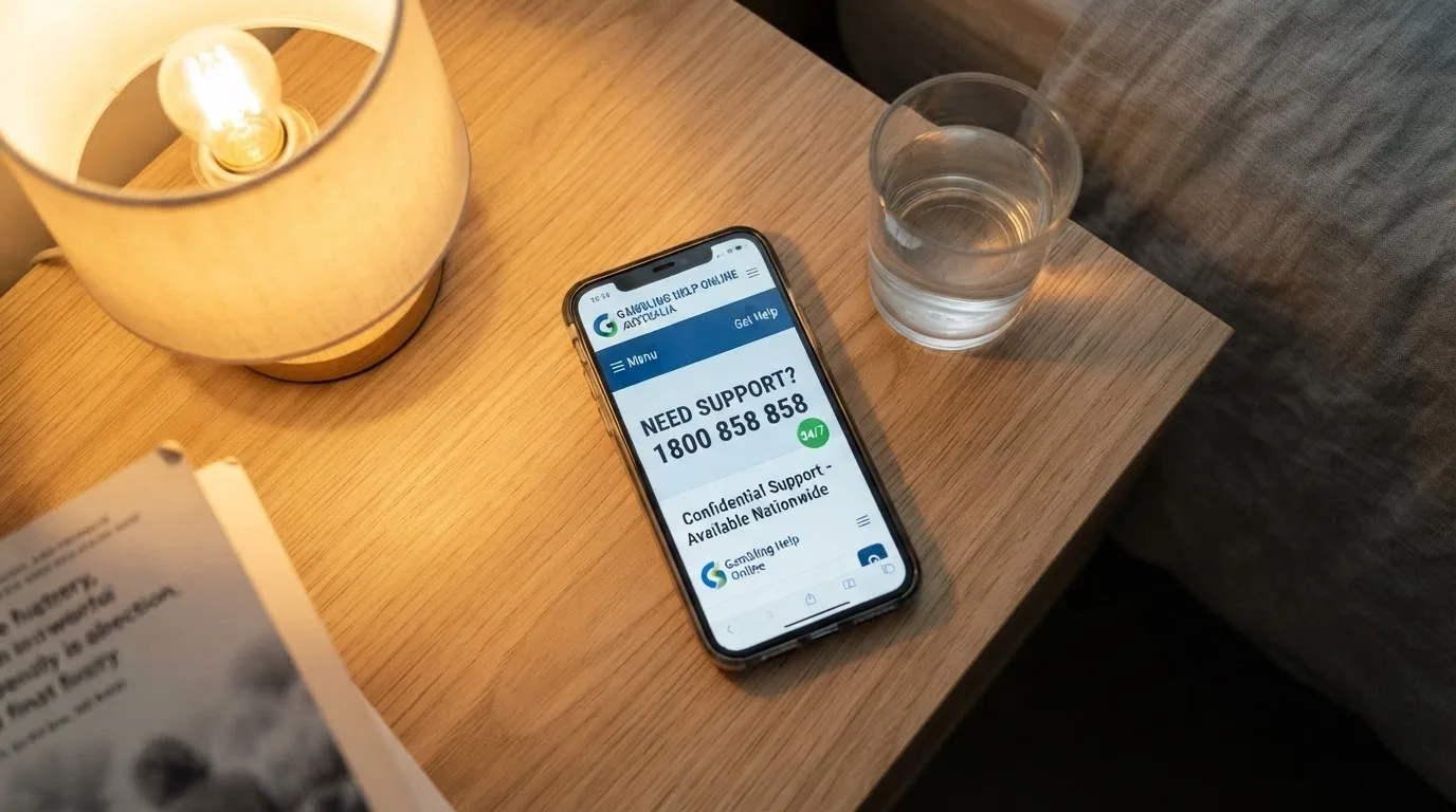 A close-up of an Android phone screen showing the Gambling Help Online homepage with the 1800 858 858 number prominently displayed and the 24/7 badge visible