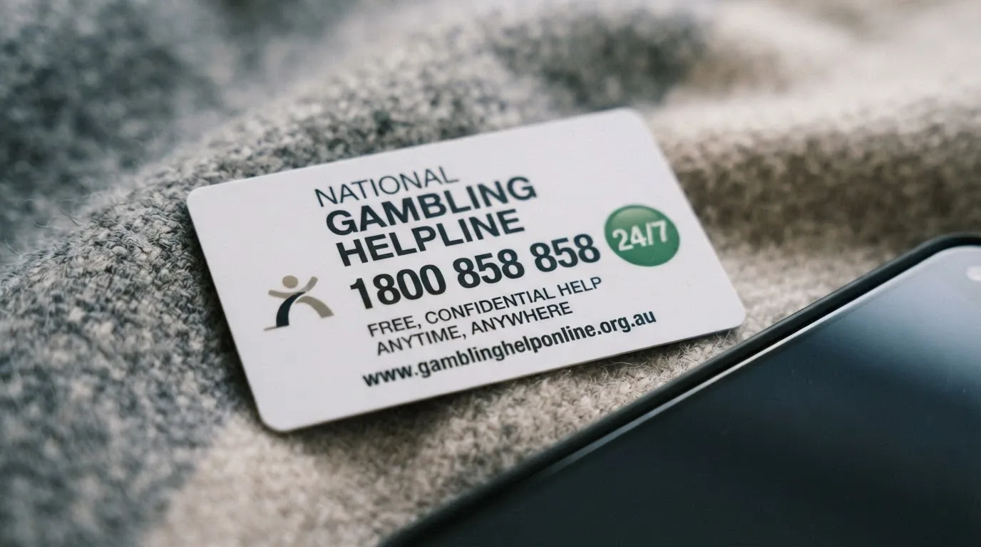 A close-up of a wallet card or phone screen showing the National Gambling Helpline number 1800 858 858 with a green “24/7” badge