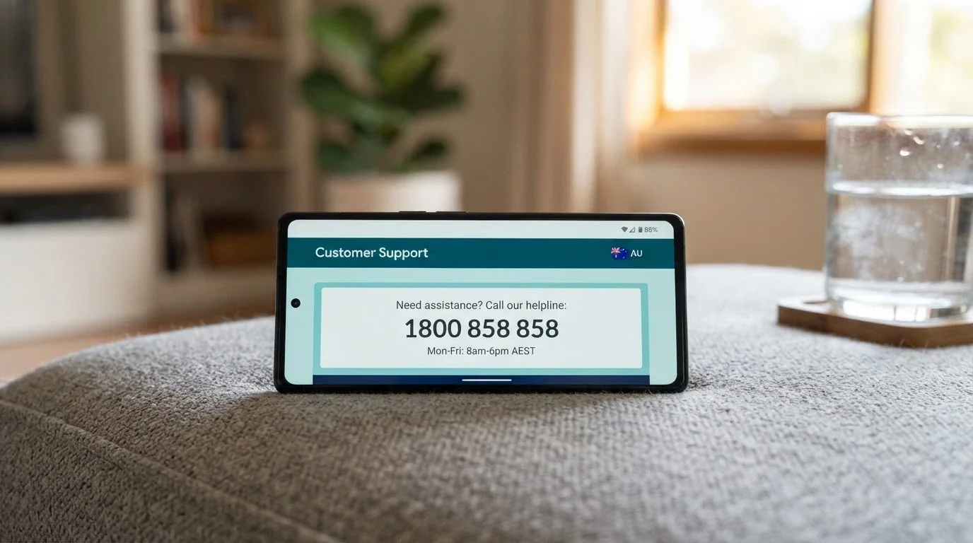 A smartphone showing the Gambling Help Online homepage with the 1800 858 858 helpline number prominent