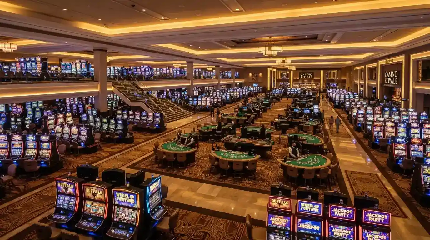 Wide-angle view of the SkyCity Adelaide gaming floor showing rows of gaming machines and table games