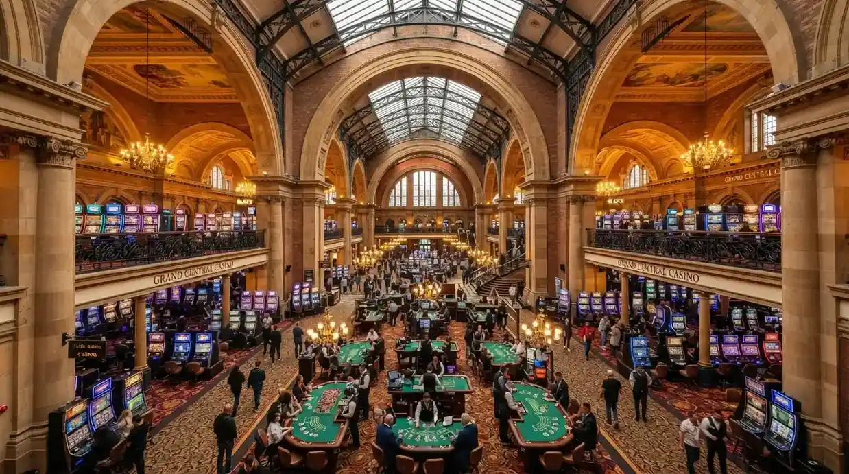 Interior of SkyCity Adelaide showing the heritage railway station architecture across the gaming floor