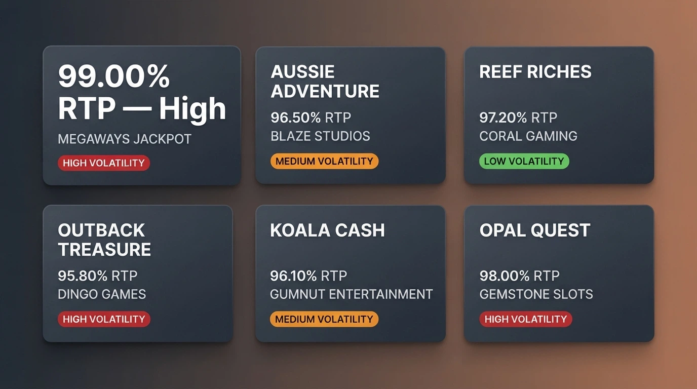 A grid of pokie title cards with RTP percentages, provider names and volatility labels displayed