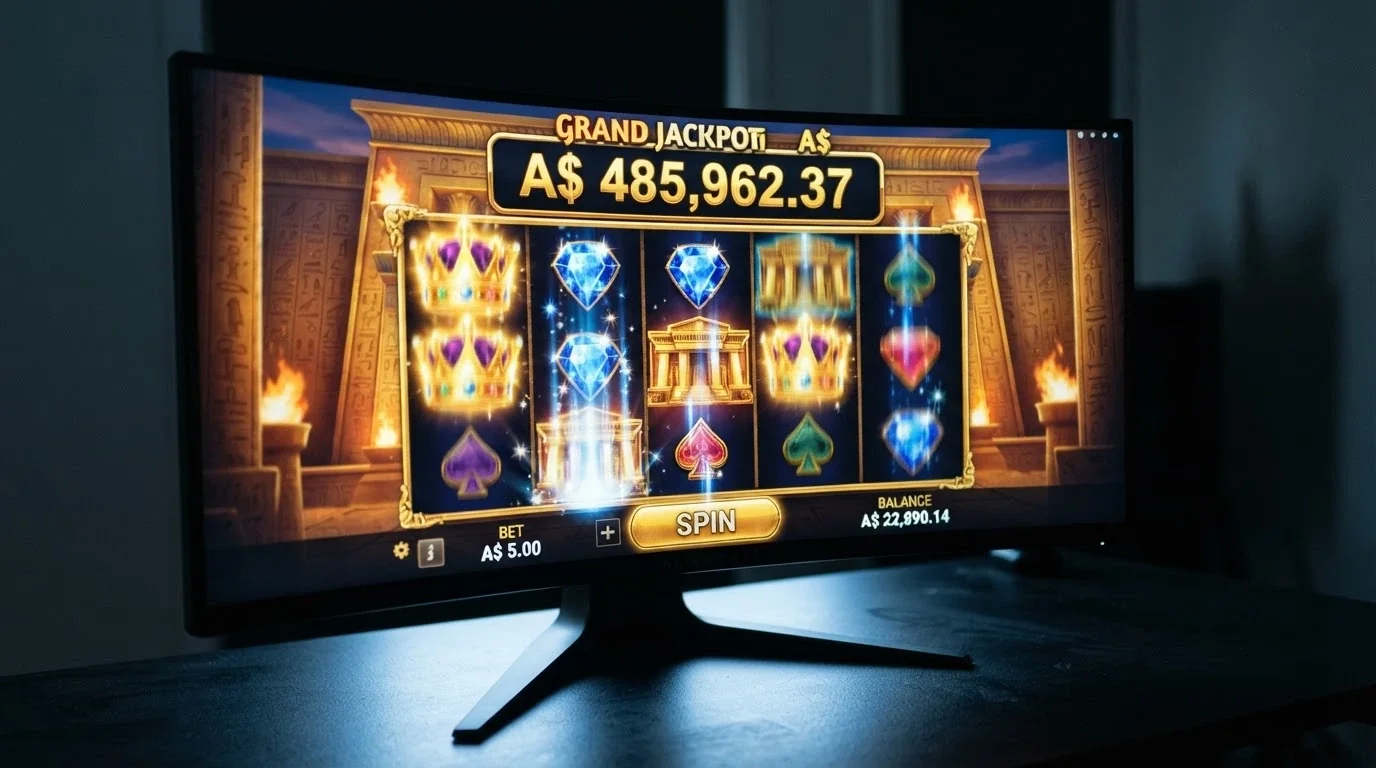 A row of online pokie reels mid-spin showing high bet amounts and a progressive jackpot counter above A$100,000