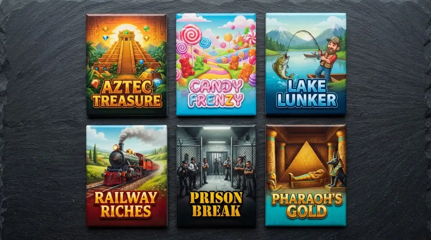 Grid of six popular online pokie title cards — Gates of Olympus, Sweet Bonanza, Big Bass Bonanza, Money Train 4, San Quentin xWays and Book of Dead
