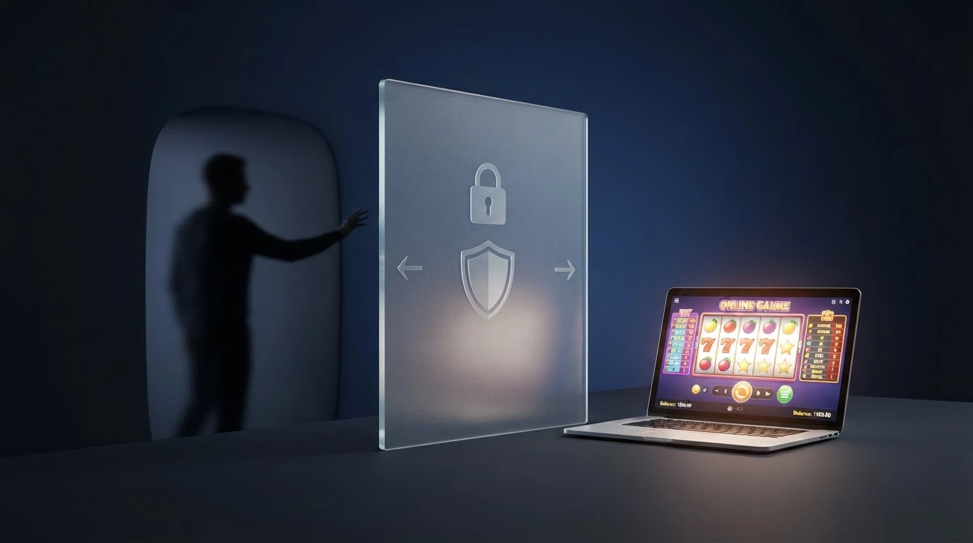 visual diagram showing the Interactive Gambling Act 2001 as a barrier between an Australian player and an offshore casino server, with ACMA enforcement arrows