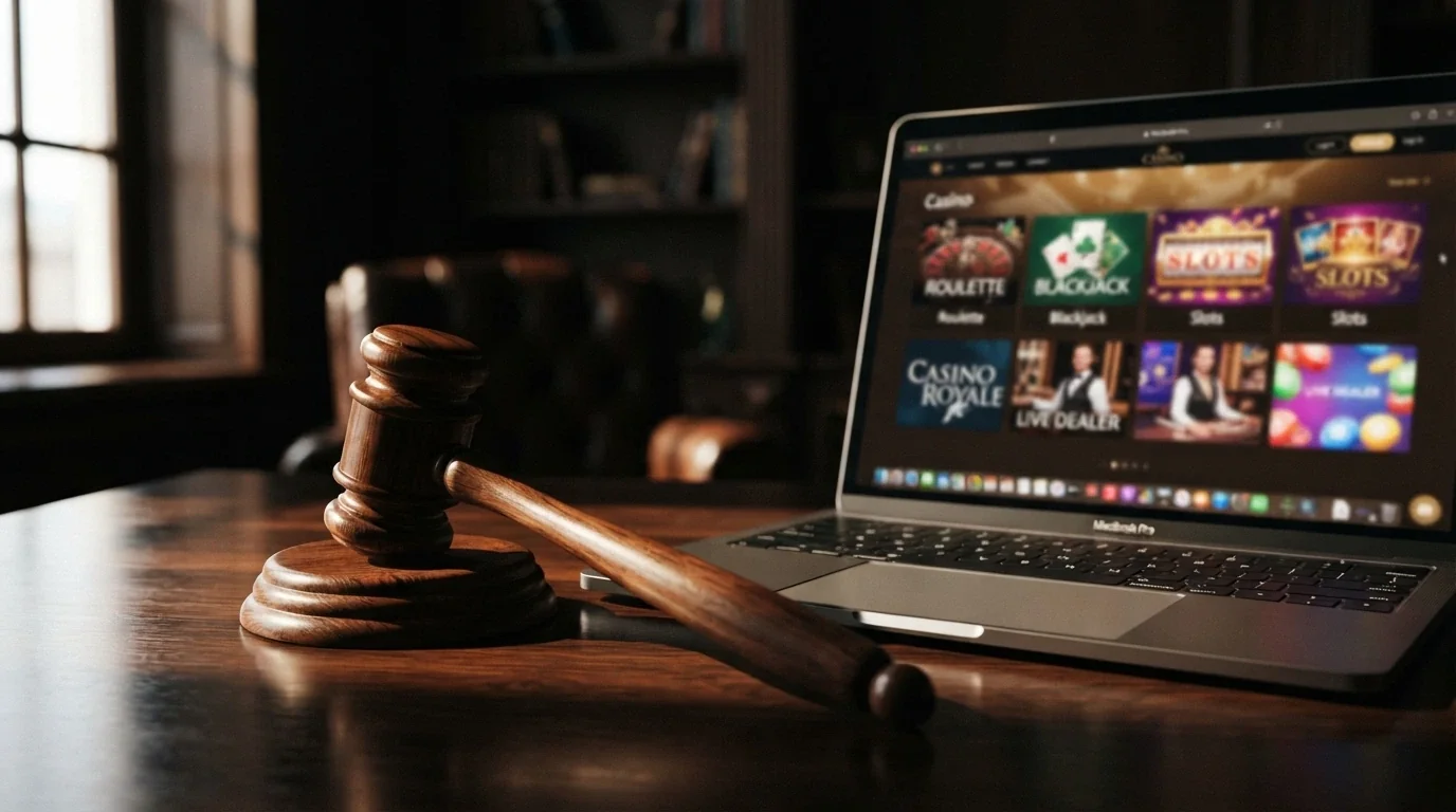 A stylised document or gavel-and-screen image representing the Interactive Gambling Act 2001 beside an offshore casino interface