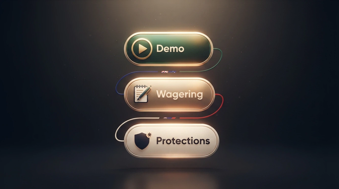 A stylised decision-flow visual — demo play, check wagering maths, know your protections — against an Australian-flag colour palette