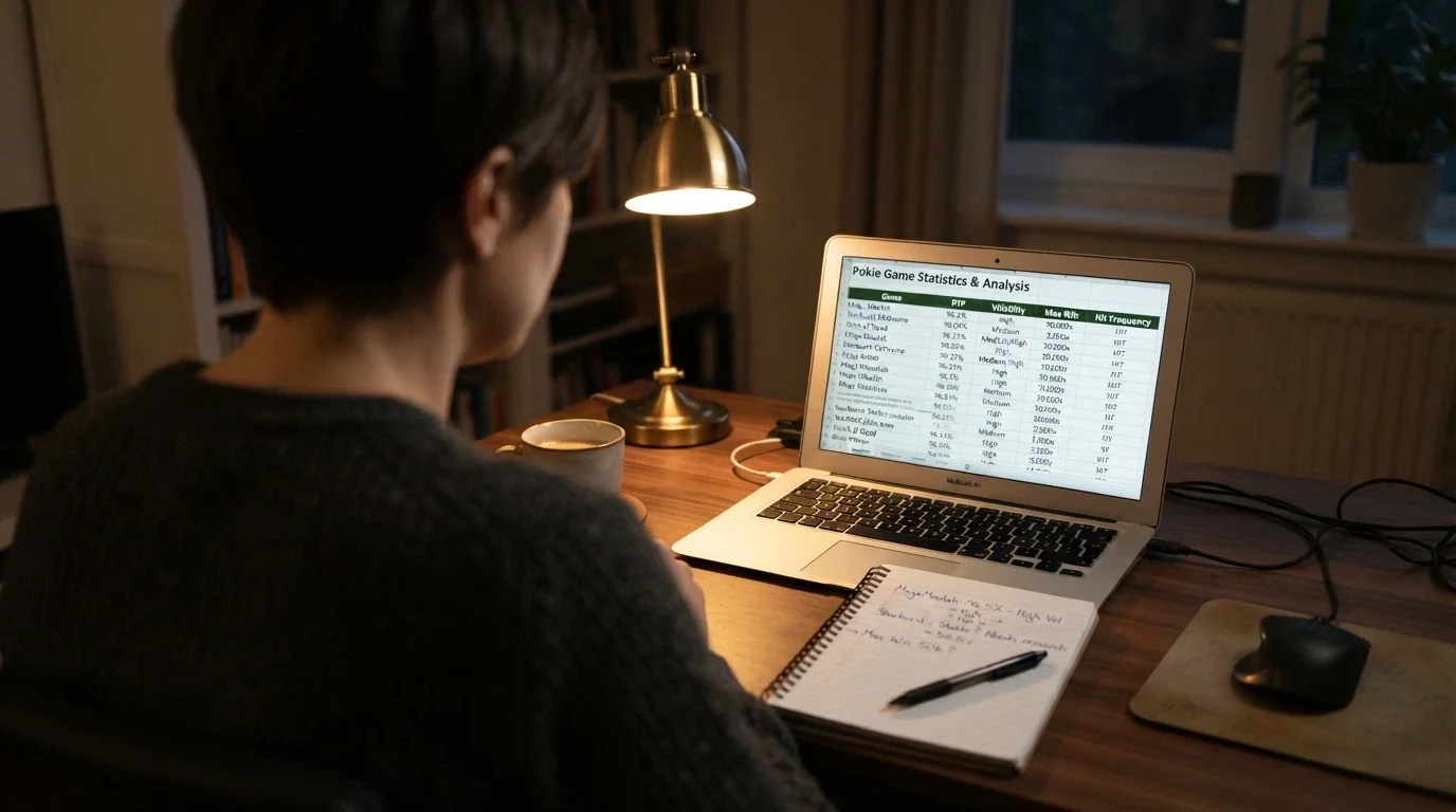 A player reviewing 5-reel pokie information on a screen before deciding to play
