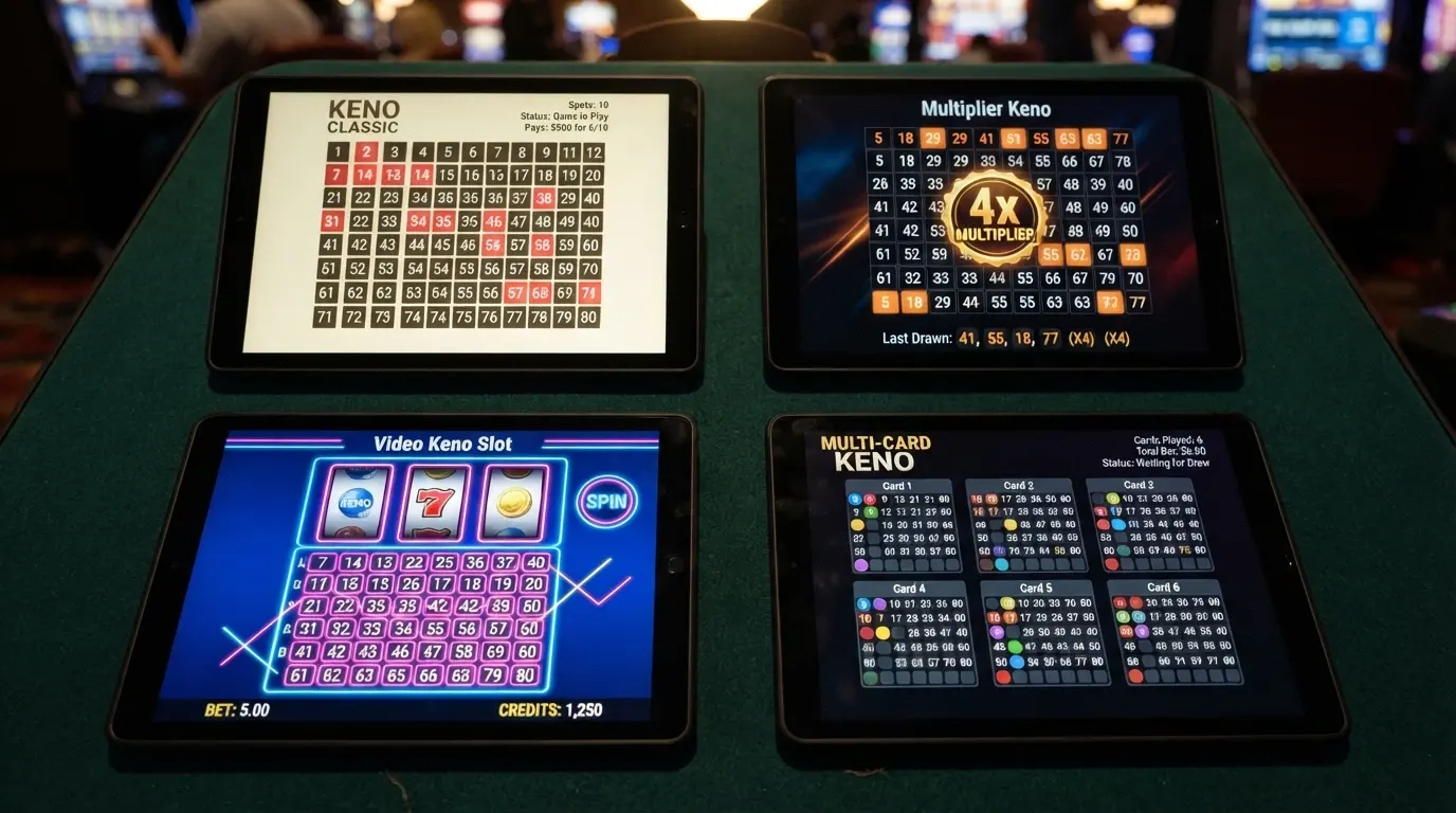 A grid of four keno game screens arranged side by side: classic spot-keno number grid, a Power keno multiplier display, a video keno slot-style interface, and a multi-card keno ticket layout