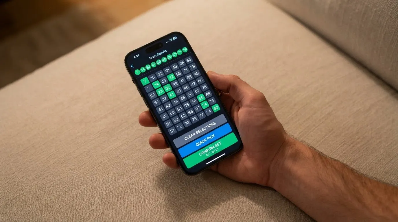 A smartphone held in one hand showing a keno number grid on screen, with the draw results panel visible and a clean mobile-optimised interface
