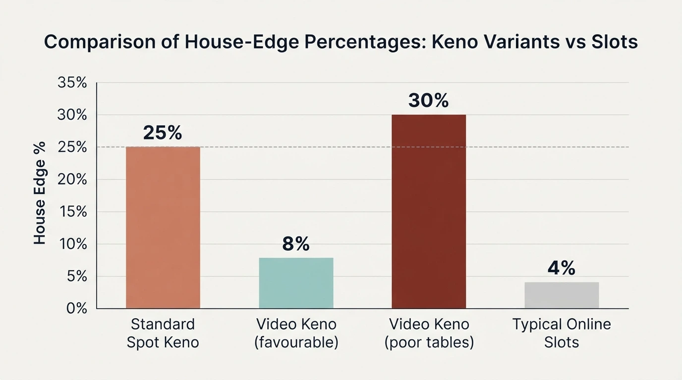 A bar chart comparing the house edge of standard spot keno (~25%), video keno with favourable pay tables (~8%), video keno with poor tables (~30%), and a typical online slot (~4%) for context