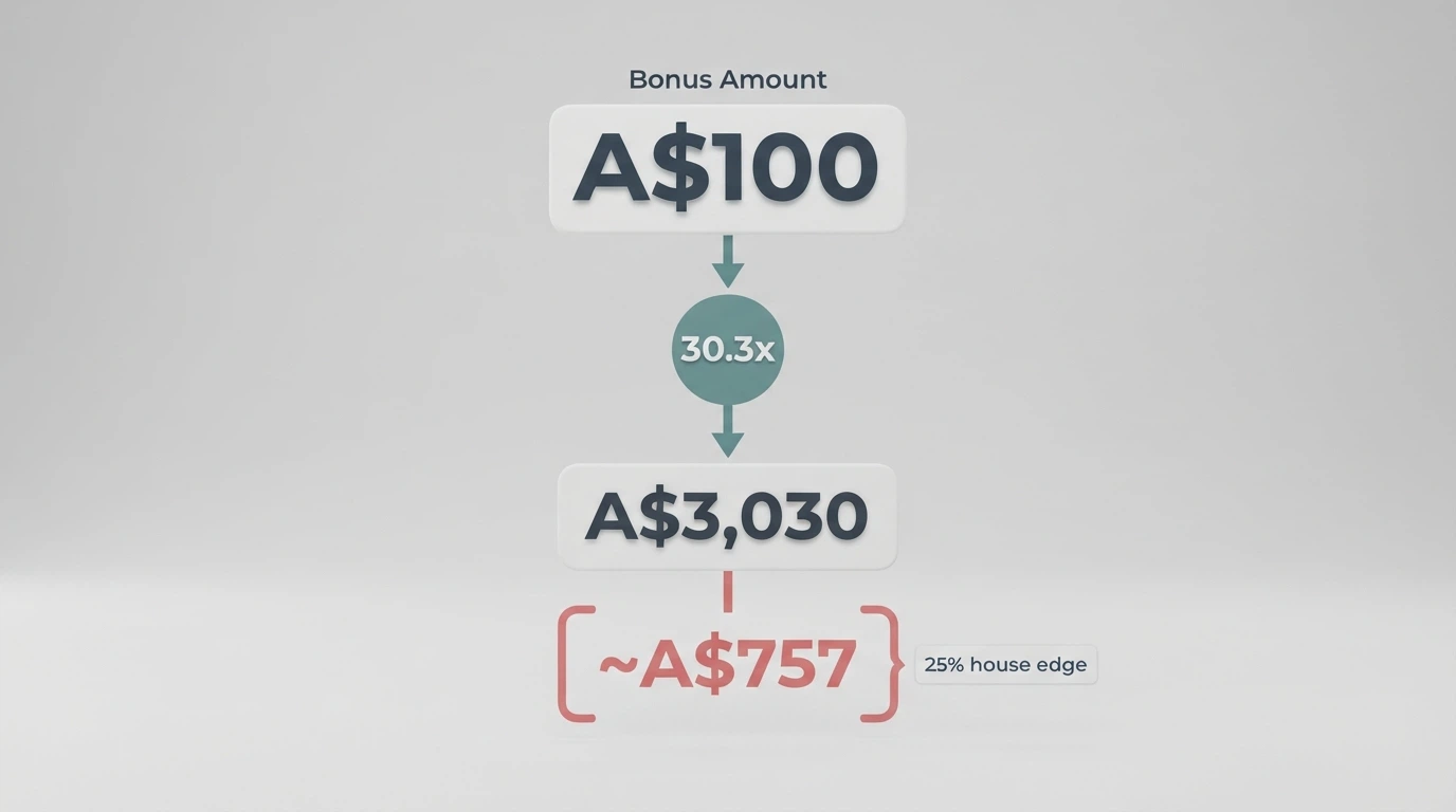 A calculator-style visual showing a bonus amount, a wagering multiple, and the resulting turnover figure — with a red bracket highlighting the house-edge deduction