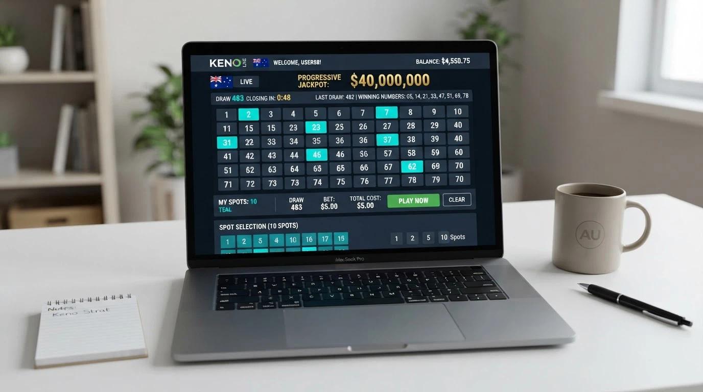 The KenoGO online platform dashboard showing the live draw screen with the progressive jackpot counter visible and a partially completed spot-selection grid
