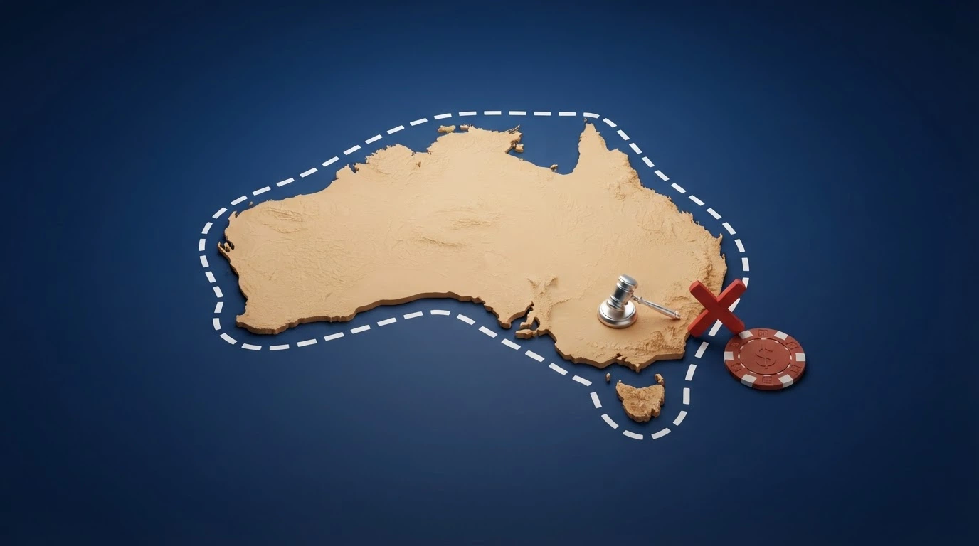 A stylised map of Australia with a dashed line extending offshore, a gavel icon on the Australian side and a casino chip icon on the offshore side, with a red “X” between them