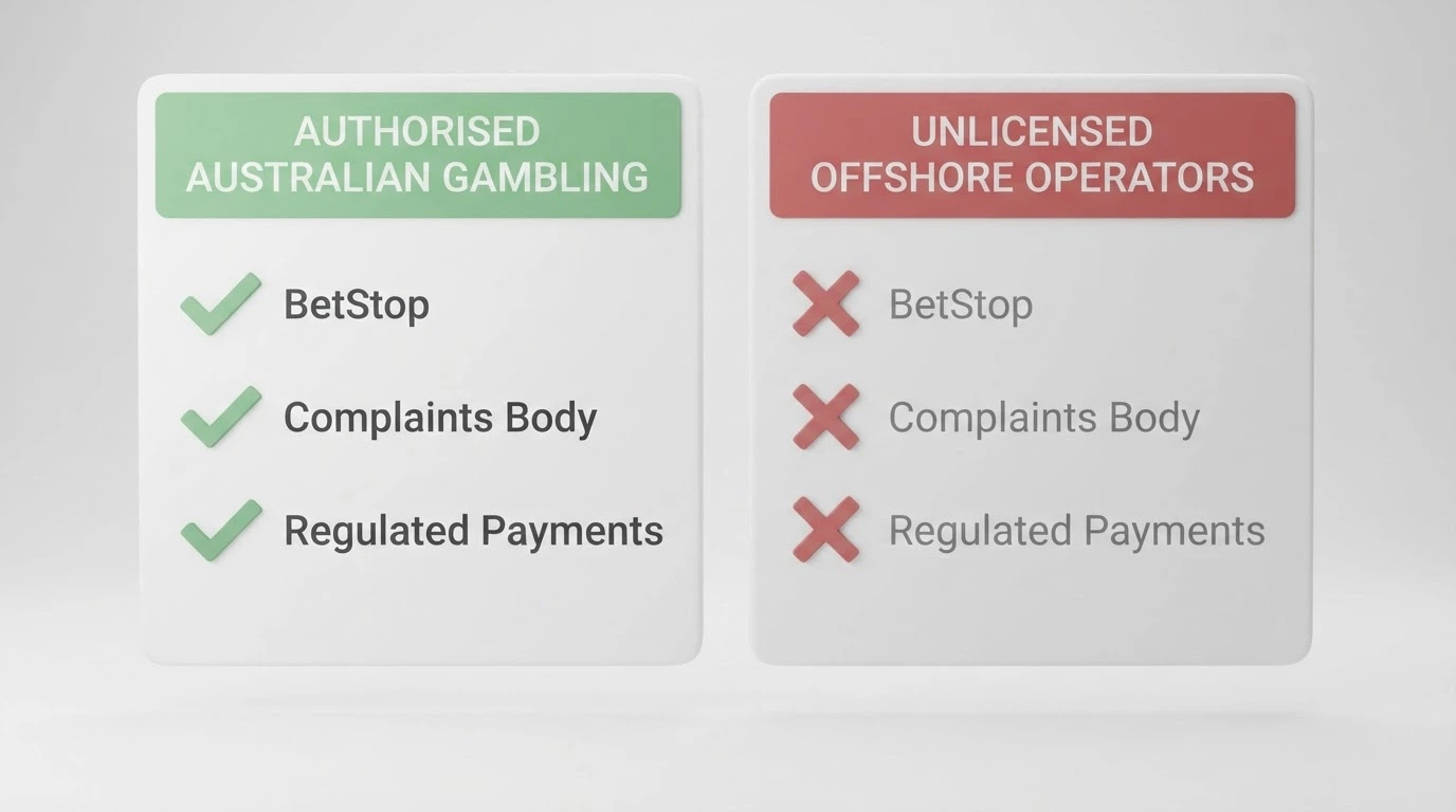 A two-column comparison graphic: the left column, under a green “Licensed AU Wagering” header, lists BetStop, complaints body, and regulated payments with tick marks; the right column, under a red “Offshore Pokies Site” header, shows the same rows with cross marks